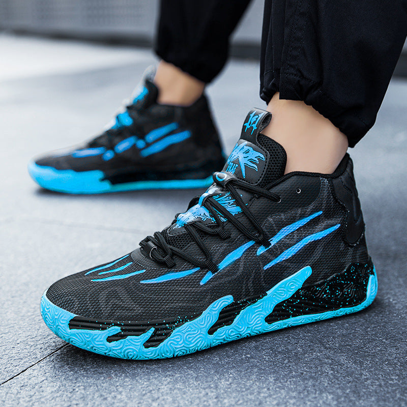 Men's fashion personalized cement floor sports shoes in black and blue mesh with tall crown and front lace-up design