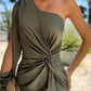 Women's diagonal shoulder knot split solid color slim fit army green dress