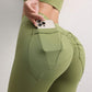 Green high waist hip lift yoga leggings with back pockets for women