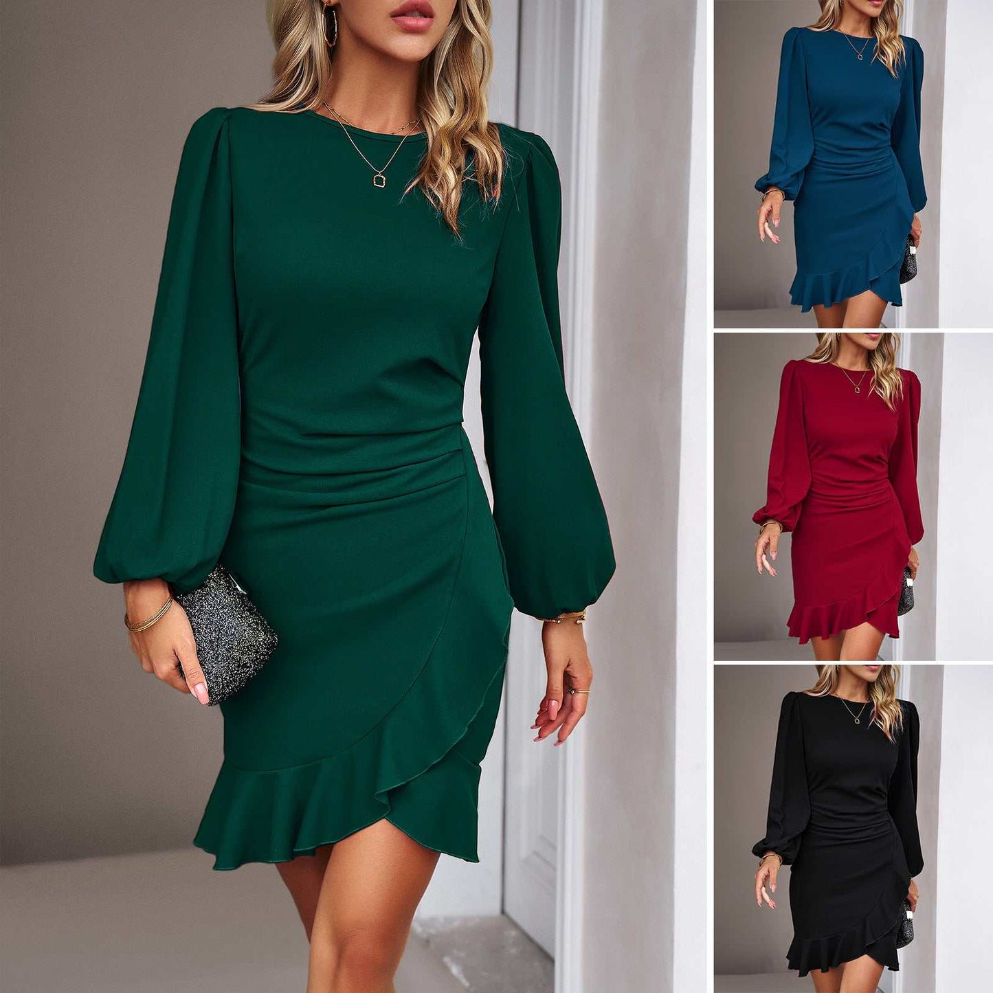 Women's puff long sleeve dress with slim hip-covering skirt in solid colors navy blue, wine red, dark green, and black.