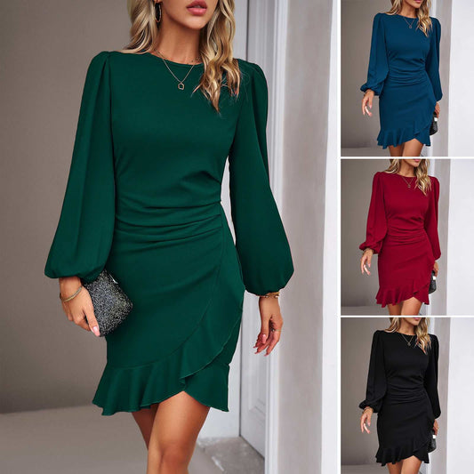 Women's puff long sleeve dress with slim hip-covering skirt in solid colors navy blue, wine red, dark green, and black.