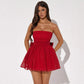 Red tube top lace dress with back bow-knot, off-shoulder summer short skirt, stylish mesh stitching design