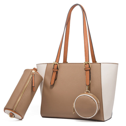 Large capacity three-in-one saffiano bag in brown and white with double shoulder straps and detachable pouches