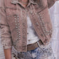 Khaki women's decorative rivets denim jacket with long sleeves and regular fit