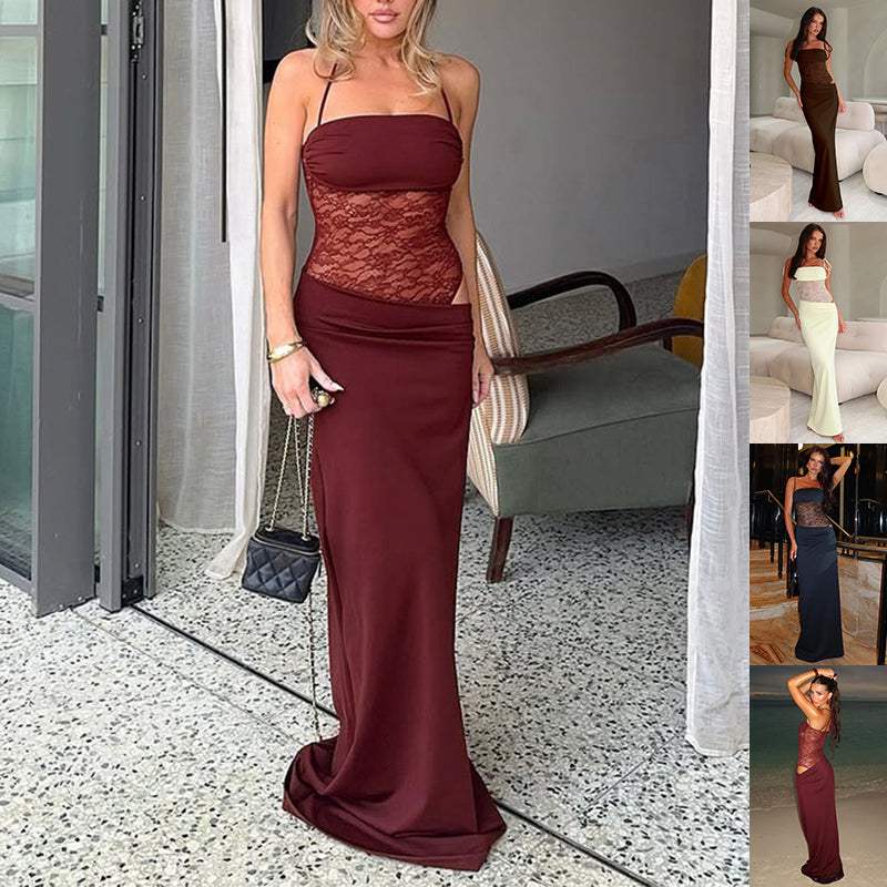 Woman wearing stylish Y2K lace suspender dress long evening party gown in burgundy color