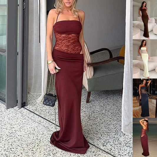 Woman wearing stylish Y2K lace suspender dress long evening party gown in burgundy color