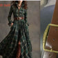 Large size women's clothing French retro green plaid slim irregular dress with mid waist and conventional sleeves