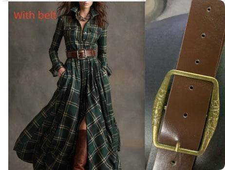 Large size women's clothing French retro green plaid slim irregular dress with mid waist and conventional sleeves