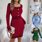Women's long-sleeved sweater dress with hip skirt in wine red, white, light blue, and green colors with button details and black trim