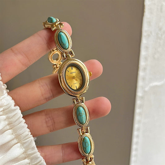 Women's agate bead bracelet watch with gold-tone alloy and turquoise stones, analog quartz movement