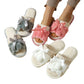New Bow Plush Slippers in gray, pink, and white with soft plush material and bow detail, open toe design for indoor use.