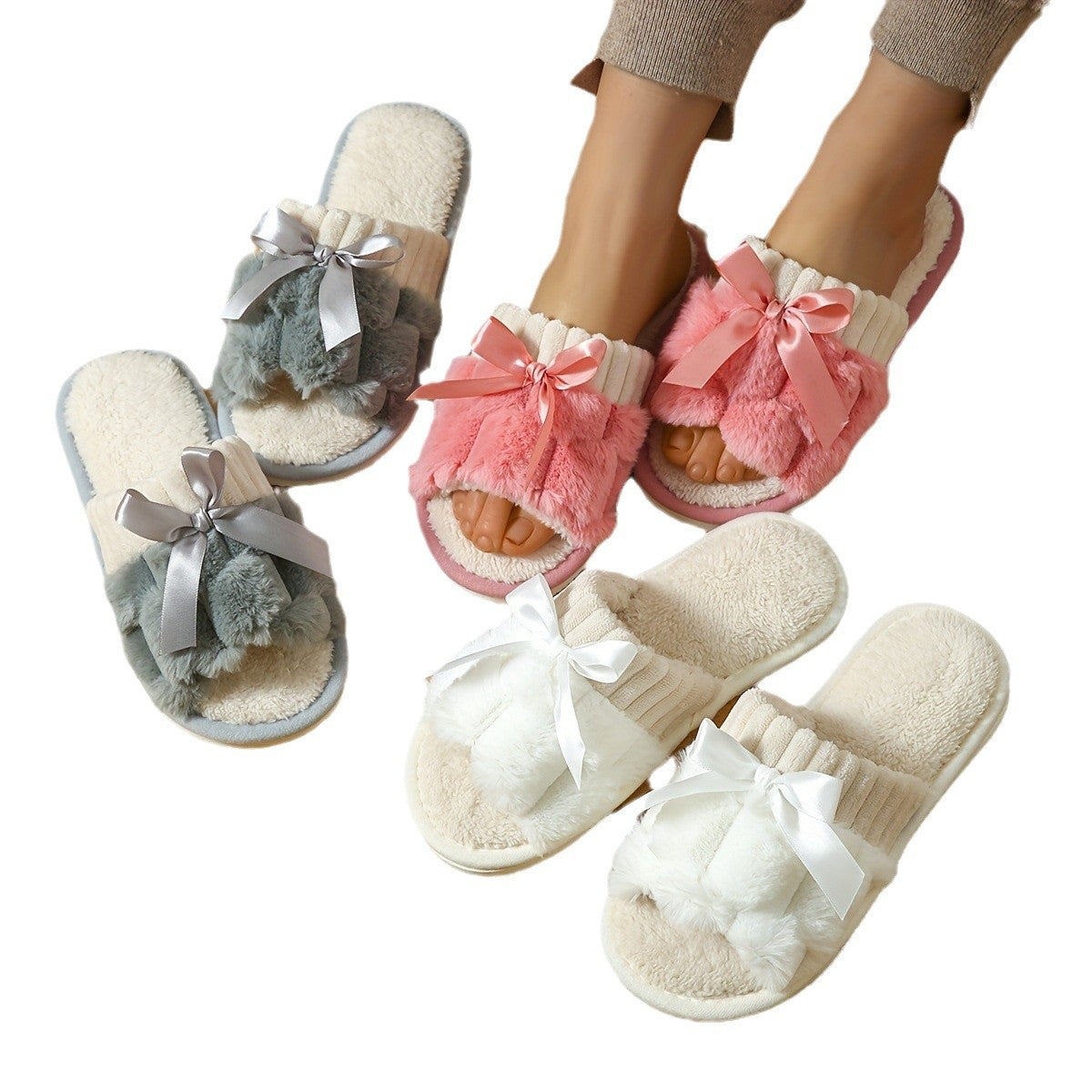 New Bow Plush Slippers in gray, pink, and white with soft plush material and bow detail, open toe design for indoor use.