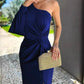 Women's diagonal shoulder knot split solid color slim fit dress in blue with one sleeve and clutch bag
