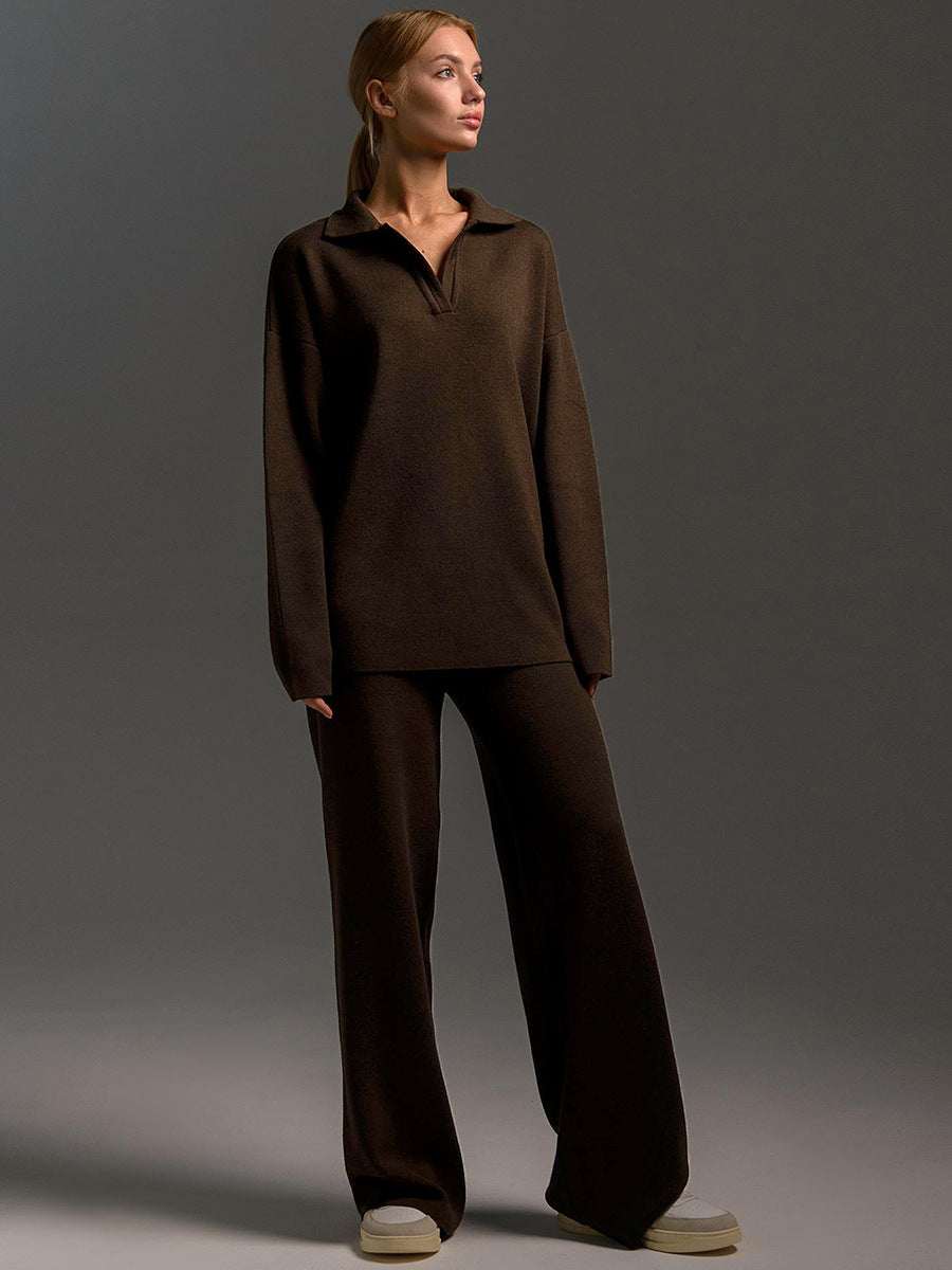 Woman wearing brown loose two-piece fall winter sweater set with collar and wide-leg pants
