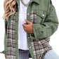 Women wearing green denim jacket long sleeve with plaid button down shirt design and light blue jeans