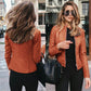 Women jacket autumn winter PU leather suit jacket in brown with zipper and stitching details