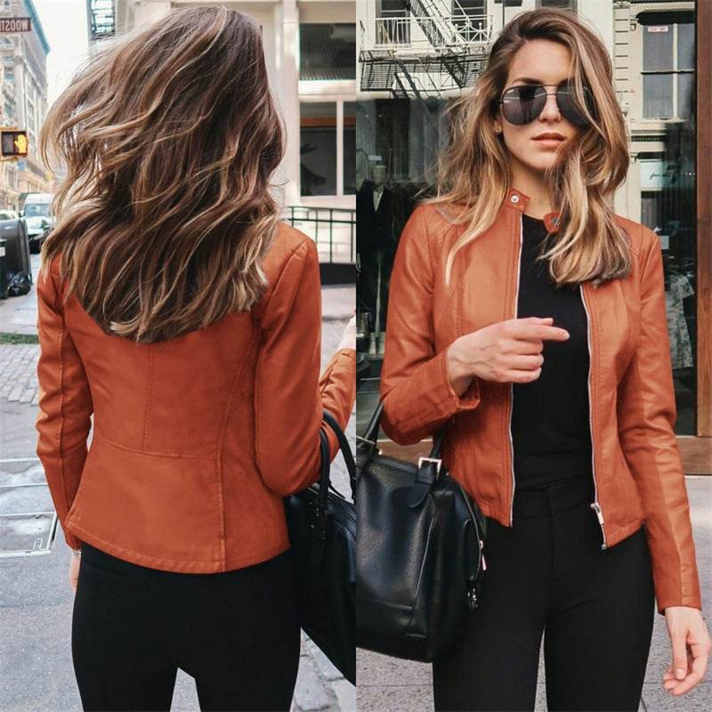 Women jacket autumn winter PU leather suit jacket in brown with zipper and stitching details