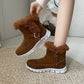 brown winter snow boots with plush fur lining and buckle design on white sole
