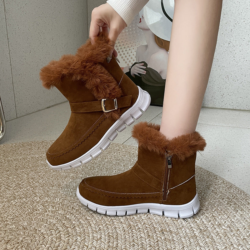 brown winter snow boots with plush fur lining and buckle design on white sole
