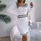 Women's long-sleeved white sweater hip skirt dress with black trim and buttons