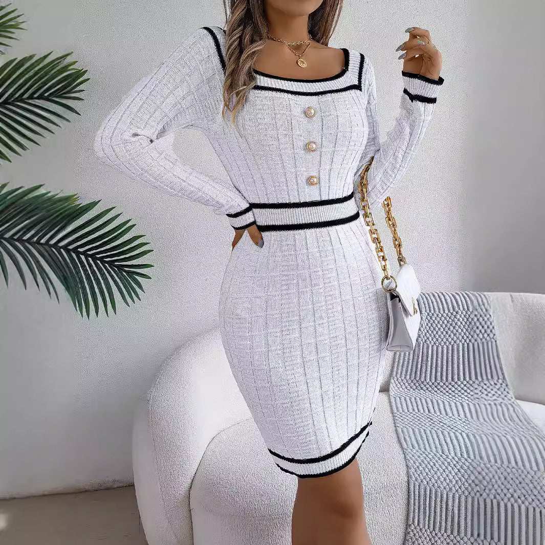 Women's long-sleeved white sweater hip skirt dress with black trim and buttons
