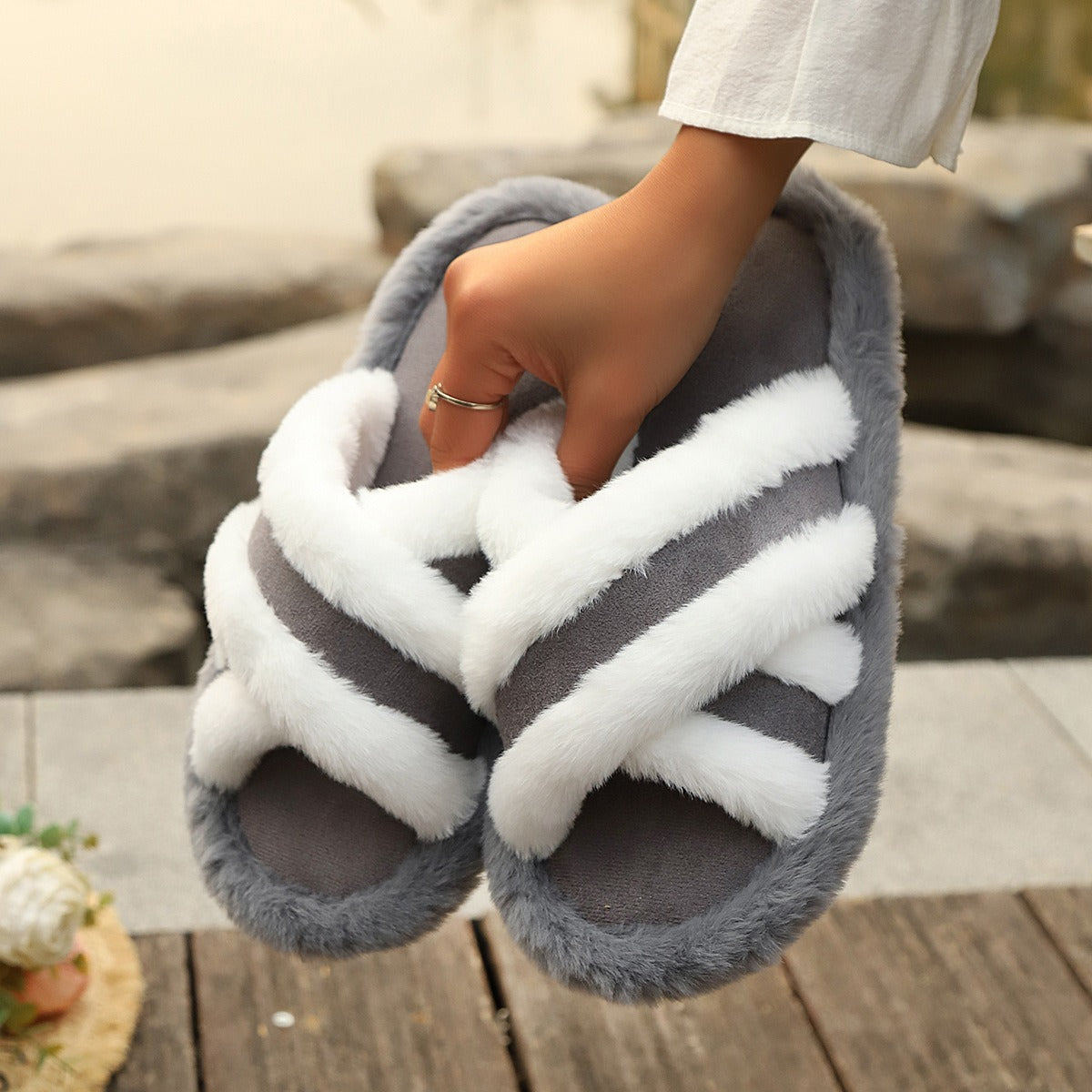 Gray fluffy slippers with white cross strap stitching and plush material, flat heel, round toe, EVA sole, unisex casual platform design