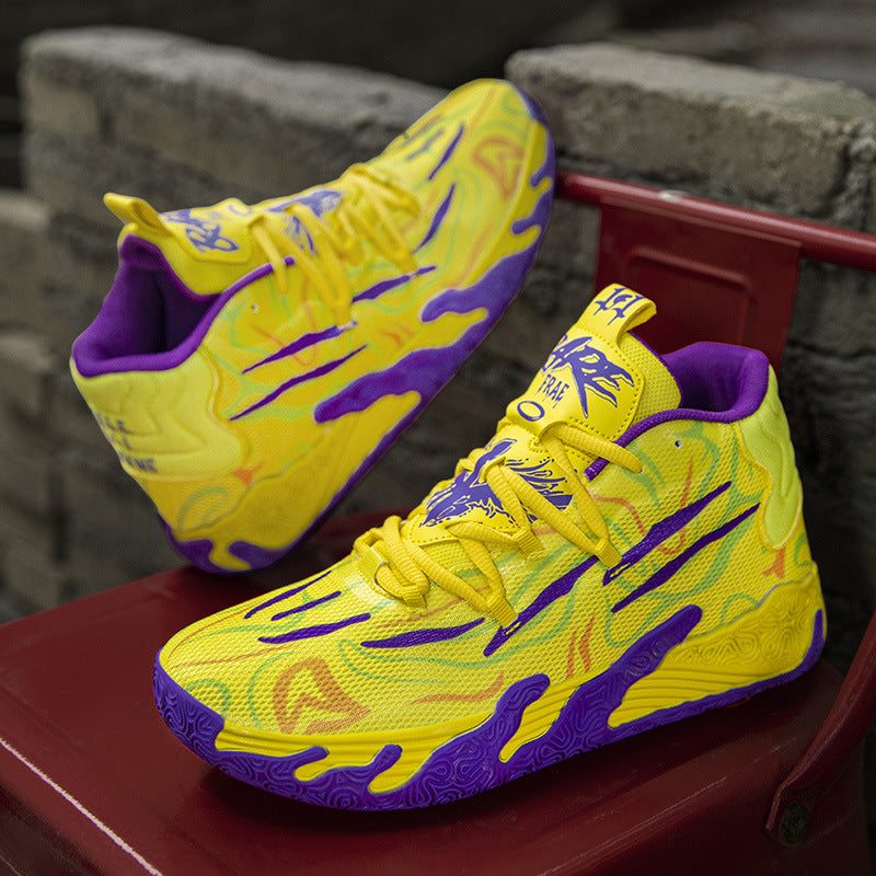 Men's fashion personalized yellow and purple cement floor sports shoes with mesh upper and tall crown design