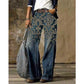 Plus size women's casual wide leg pants with floral embroidery in blue denim