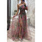 Mesh tie-dye printed off-shoulder long slit dress with floral pattern and one long sleeve for women summer party