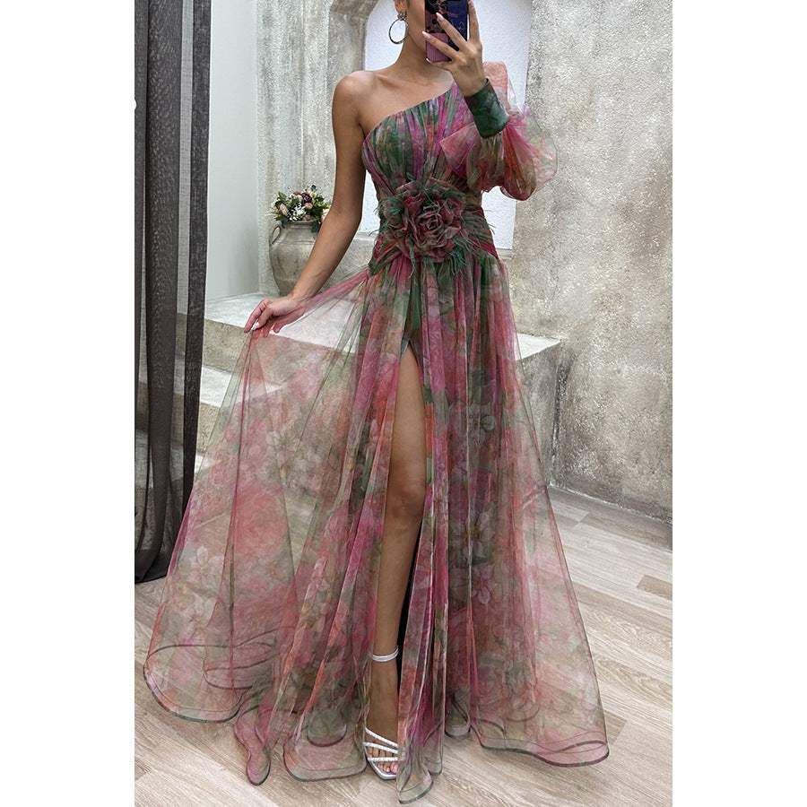 Mesh tie-dye printed off-shoulder long slit dress with floral pattern and one long sleeve for women summer party