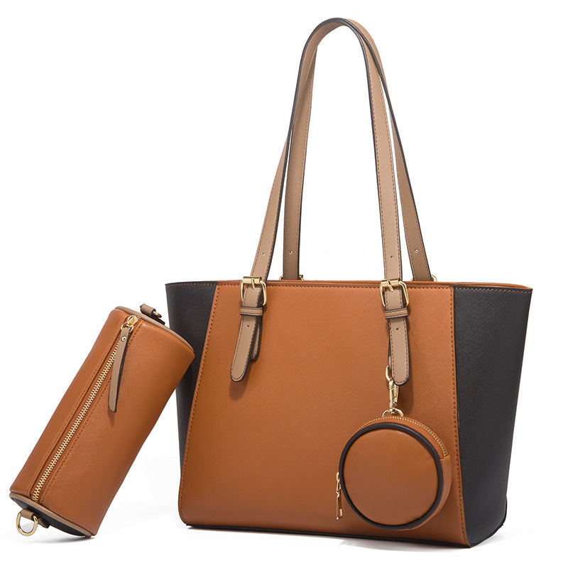 Large capacity three-in-one saffiano bag in brown and black with double shoulder straps and detachable pouches