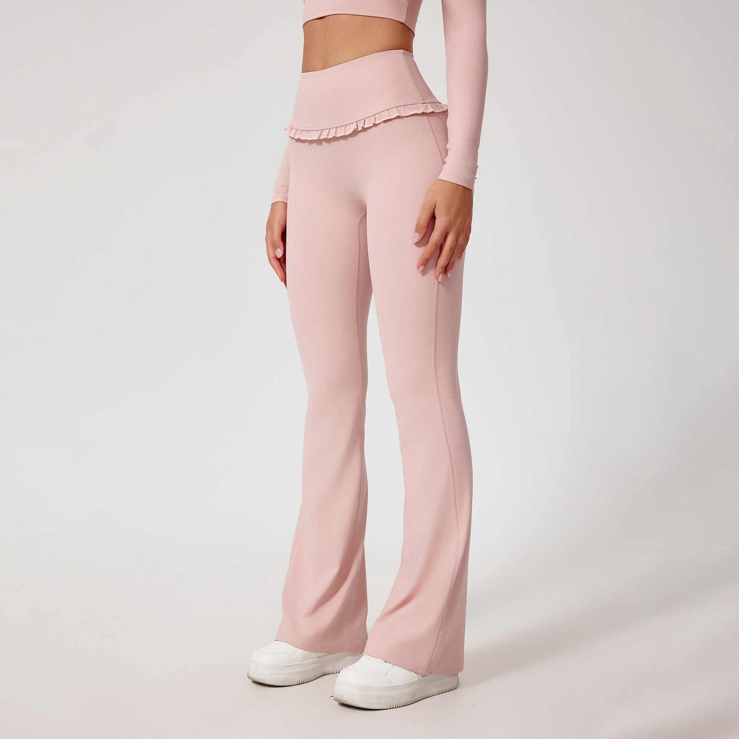 High waist hip lift nude feel yoga pants with lace detail in sea shell pink for running and fitness