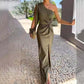 Women's diagonal shoulder knot split solid color slim fit army green dress