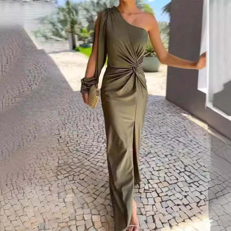Women's diagonal shoulder knot split solid color slim fit army green dress