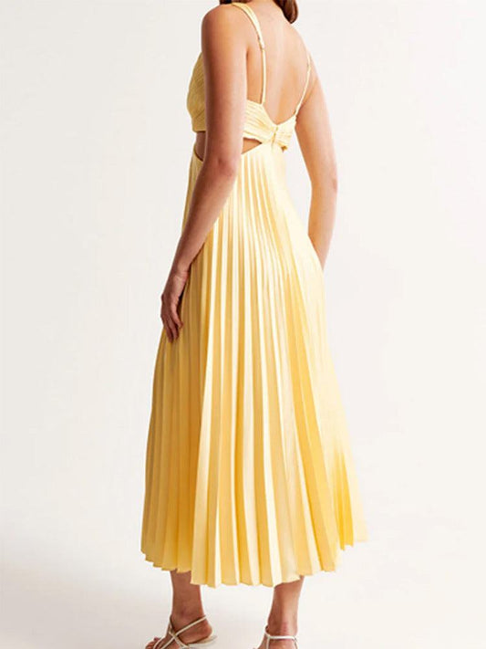 Yellow Ins suspender pleated long dress with hollow-waisted backless design, sleeveless summer women's clothing
