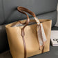 New and simple beige tote bag with brown handles and decorative scarf, large capacity, casual versatile shoulder bag