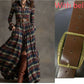 Large size women's retro French plaid slim dress with belt and mid waist design in dark plaid pattern
