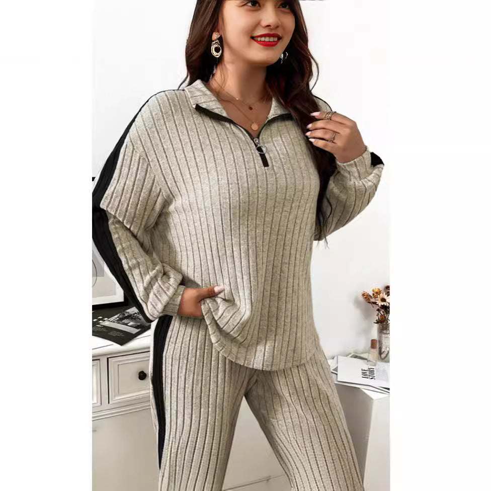 Casual suit women's sweater and wide leg pants two-piece set in khaki polyester with batwing long sleeves and black side stripes