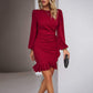 Elegant women's puff long sleeve red dress with slim hip-covering design and ruffle hem