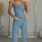 Women's shiny vest diamond embellished blue denim trousers suit outfit
