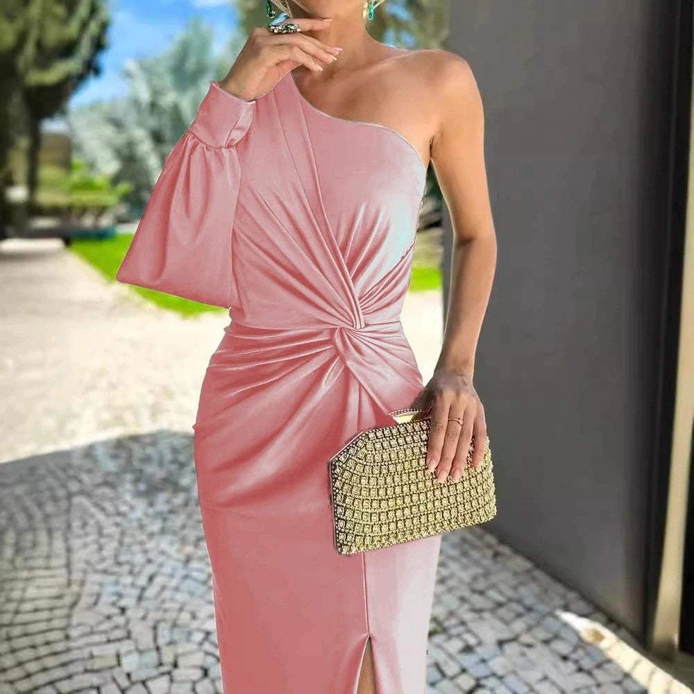 Women’s diagonal shoulder knot split solid color slim fit dress in pink