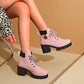 Pink chunky heel plus size Martin boots with thick sole and front lace-up design