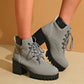 chunky heel plus size martin boots in gray with thick platform heel and lace-up design
