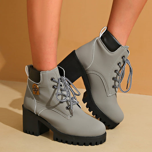 chunky heel plus size martin boots in gray with thick platform heel and lace-up design
