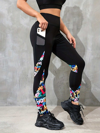 Color contrast patchwork high waist black cropped leggings with colorful letter pattern and pocket for sports and yoga