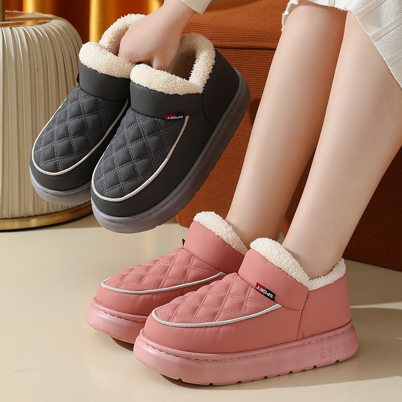 Pair of women's winter plush cotton shoes indoor outdoor slippers in pink and black colors