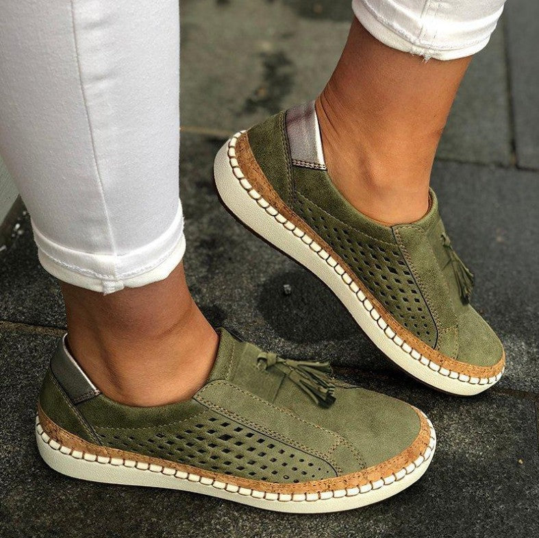 Large size green women couple canvas shoes with tassels and flat rubber sole