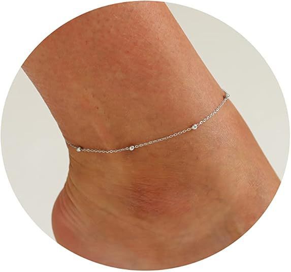 Silver beach anklet with small beads on ankle chain