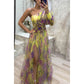 Mesh tie-dye printed off-shoulder slit dress with one long sheer sleeve in yellow and purple tones