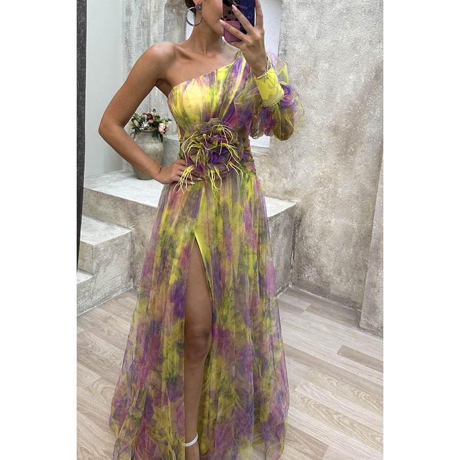 Mesh tie-dye printed off-shoulder slit dress with one long sheer sleeve in yellow and purple tones